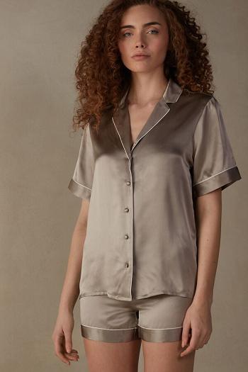 Intimssimi Lyhyt Sleeve Silk Shirt with Contrast Trim Natural | AUSWC40187