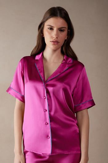 Intimssimi Lyhyt Sleeve Silk Shirt with Contrast Trim Pinkki | MUSHR58217