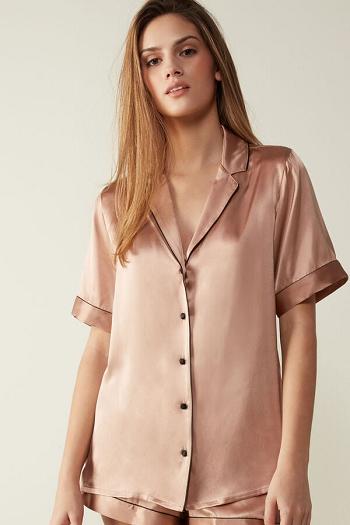 Intimssimi Lyhyt Sleeve Silk Shirt with Contrast Trim Natural | USEGJ32908