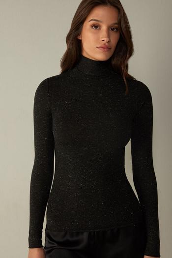 Intimssimi Turtleneck Top in Modal Light with Cashmere Lamé Mustat | USNZX54071