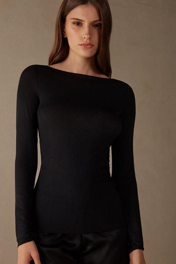 Intimssimi Vene Neck Modal Cashmere Ultralight Top Mustat | DUSVO86077