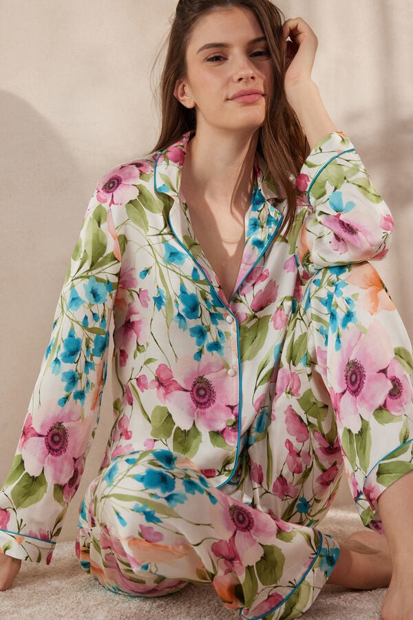 Intimssimi Botanical Lyrics Satin Button Up Shirt Print | MUSFT25535