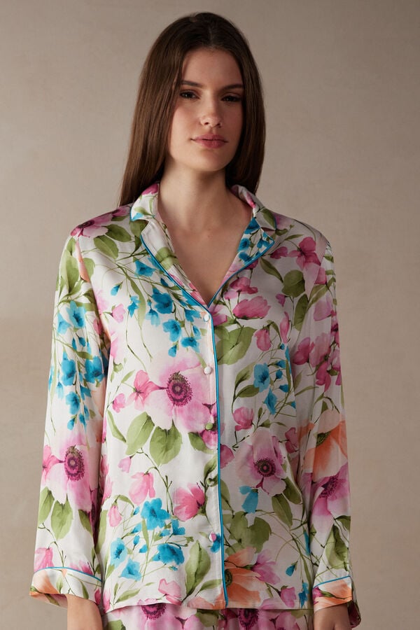 Intimssimi Botanical Lyrics Satin Button Up Shirt Print | MUSFT25535