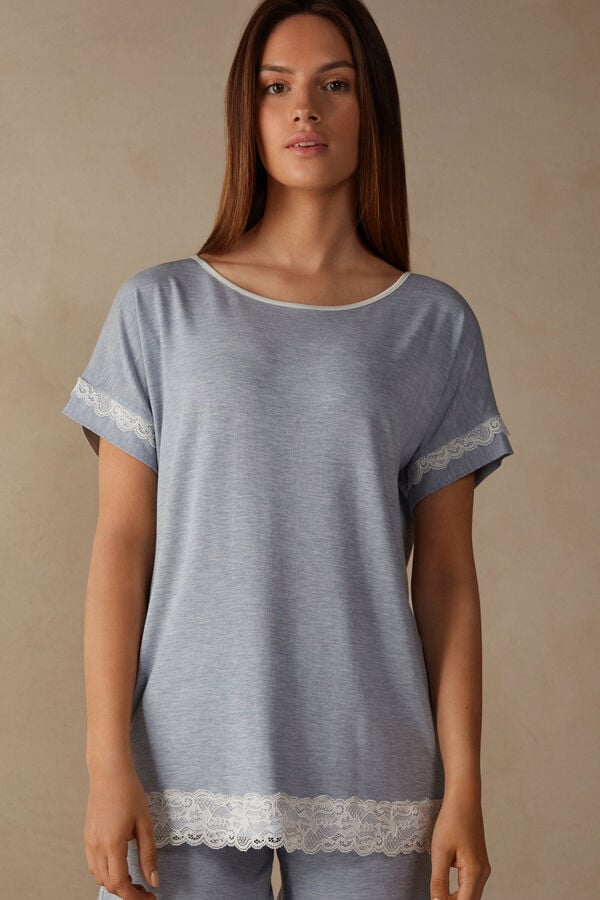 Intimssimi Lyhyt-Sleeve Modal Top with Pitsi Detail Vaaleansininen | UUSTG73897