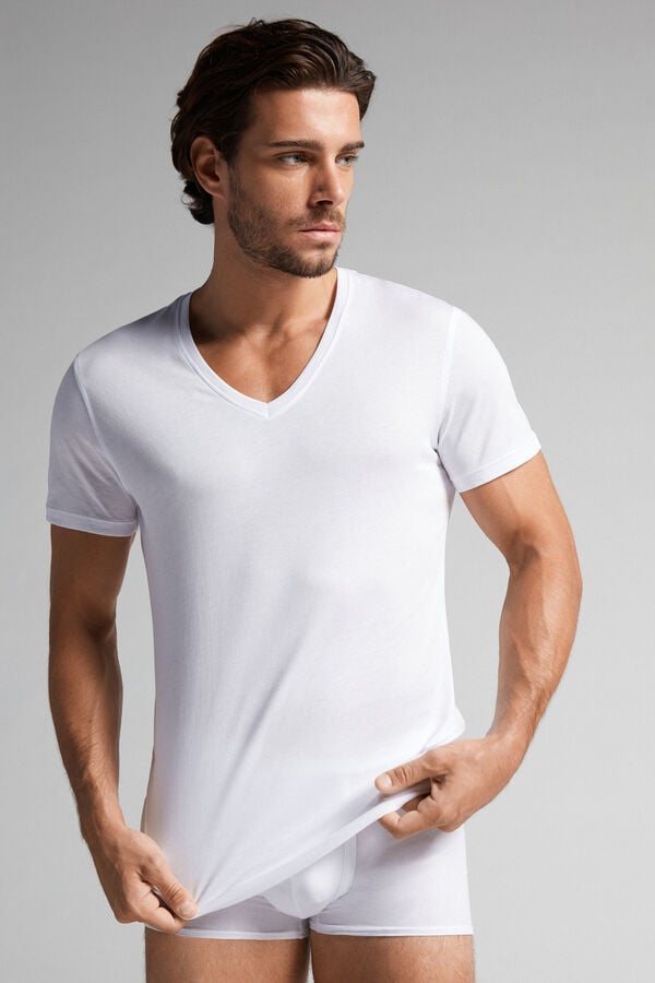 Intimssimi Lyhyt-Sleeve V-Neck T Shirt in Extra-Fine Supima® Puuvilla Valkoinen | DUSKV20334