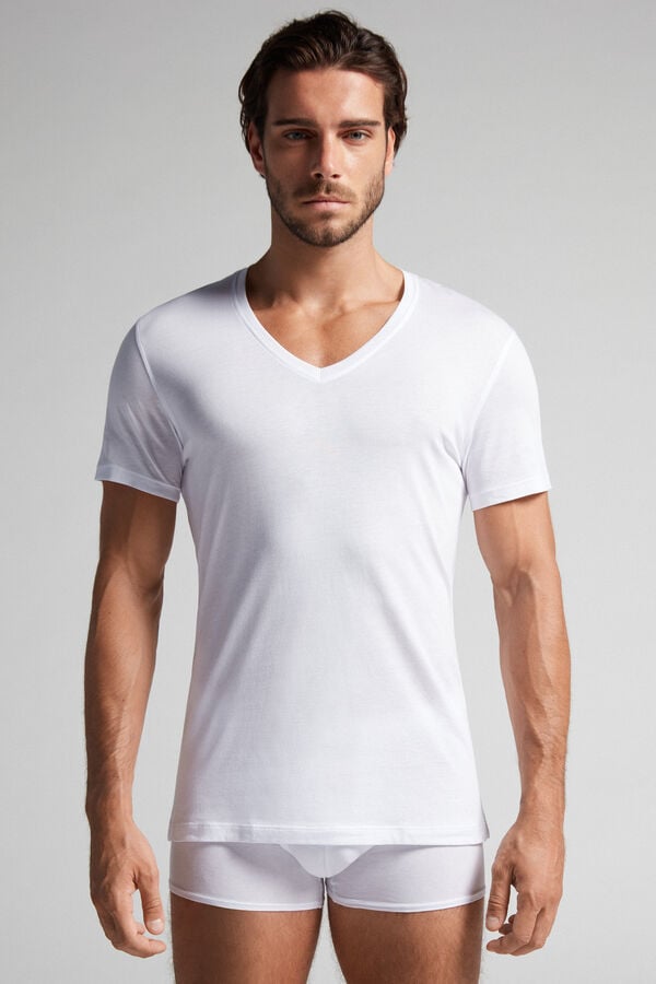 Intimssimi Lyhyt-Sleeve V-Neck T Shirt in Extra-Fine Supima® Puuvilla Valkoinen | DUSKV20334