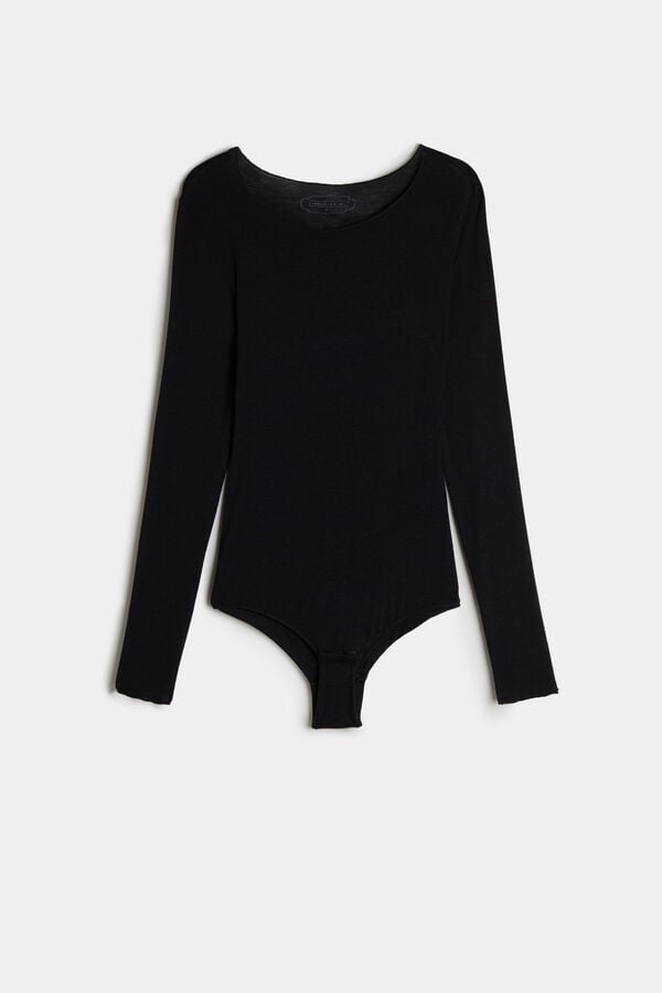 Intimssimi Modal and Cashmere Long-Sleeve Bodysuit Mustat | USDYB14593